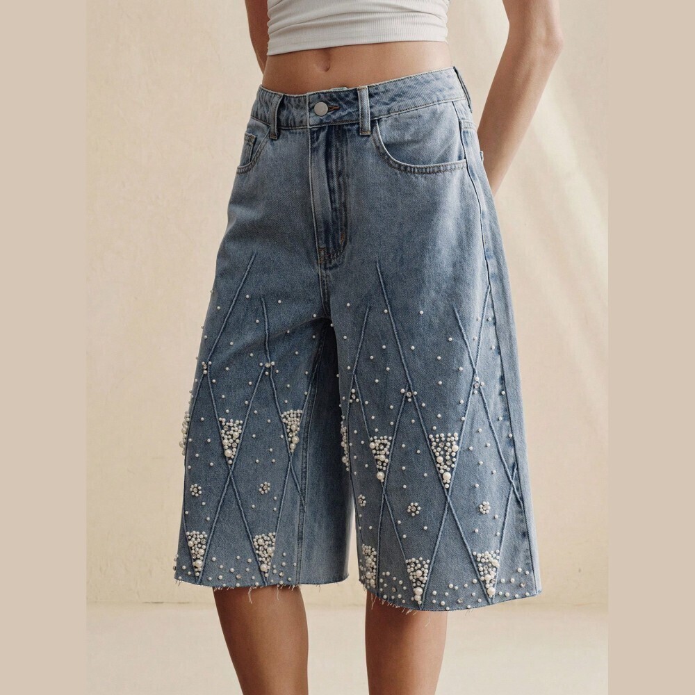 Blue Denim Pearl Diamond-Quilted Embellished Capri Shorts - Raw Hem